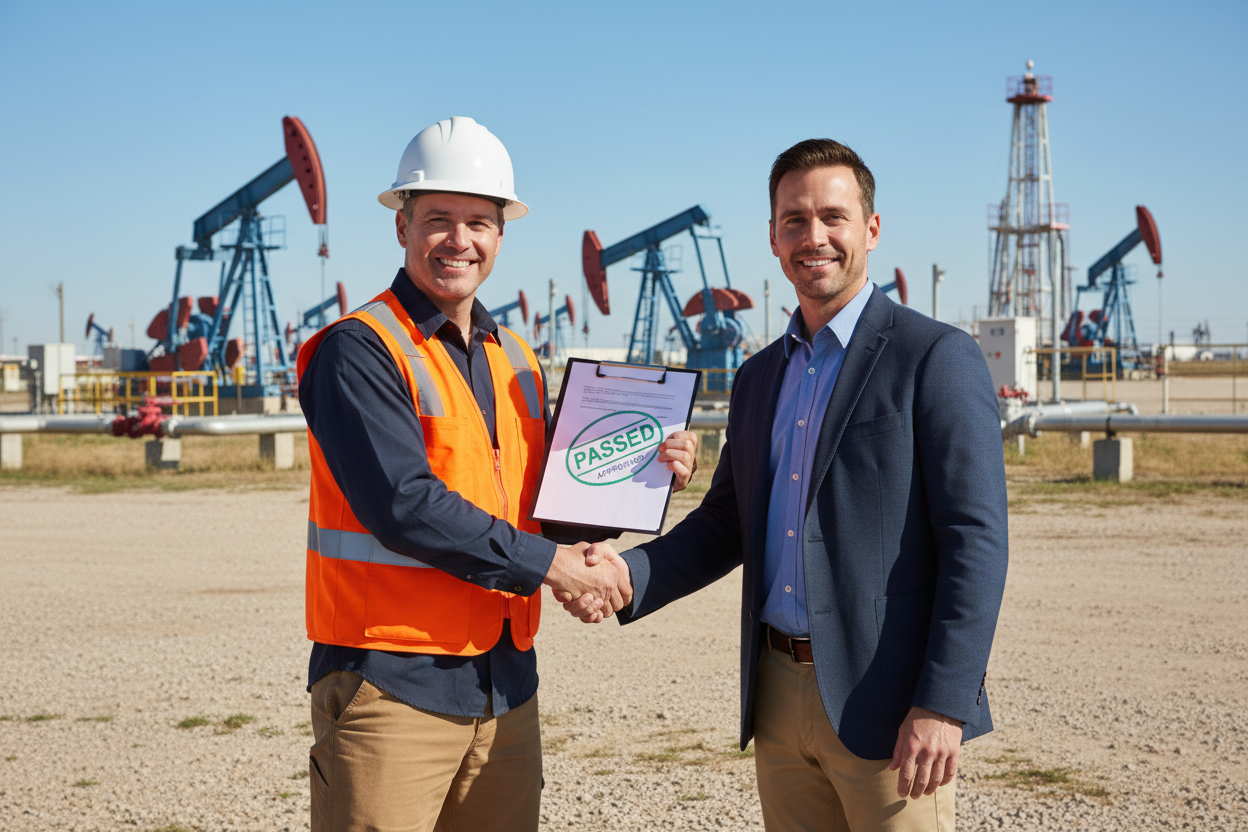 An image in an oil field of an inspector shaking the hand of the business owner, handing him a "passing" inspection packet.