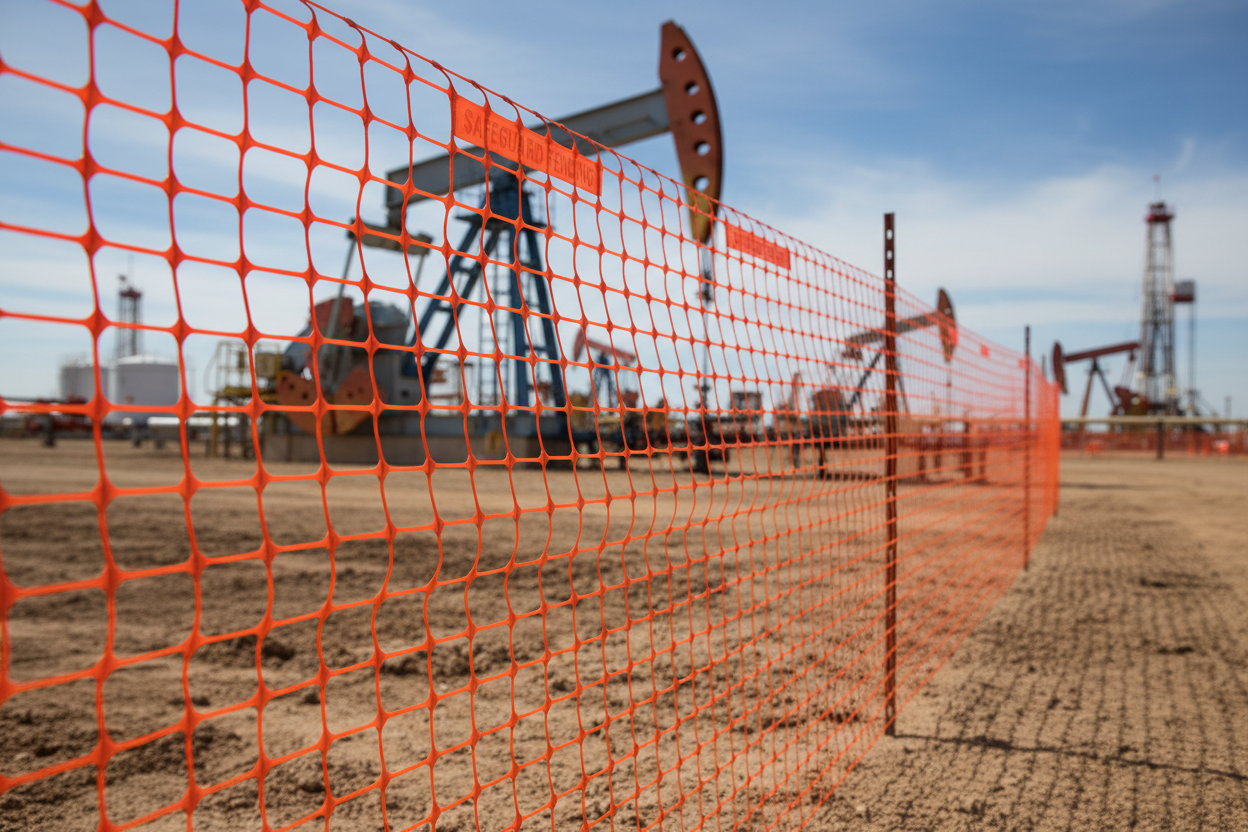 Orange safety fence used in oil field industry.